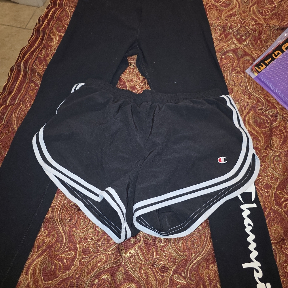 Champion Black Shorts &‎ Leggings Bundle, Size M, Logo Athletic Set